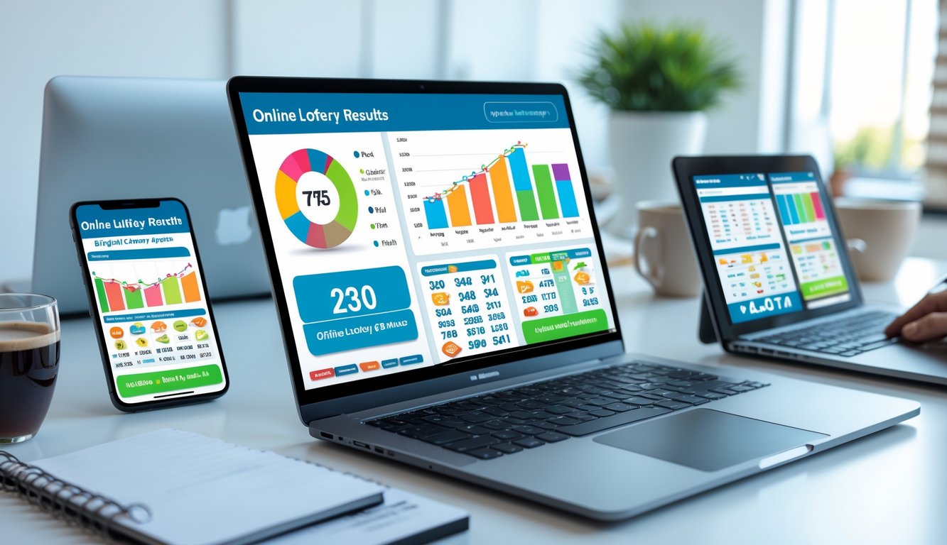 Seorang profesional menggunakan laptop dan perangkat digital lain untuk melihat hasil togel online dengan data lengkap di ruang kerja yang terang dan rapi.