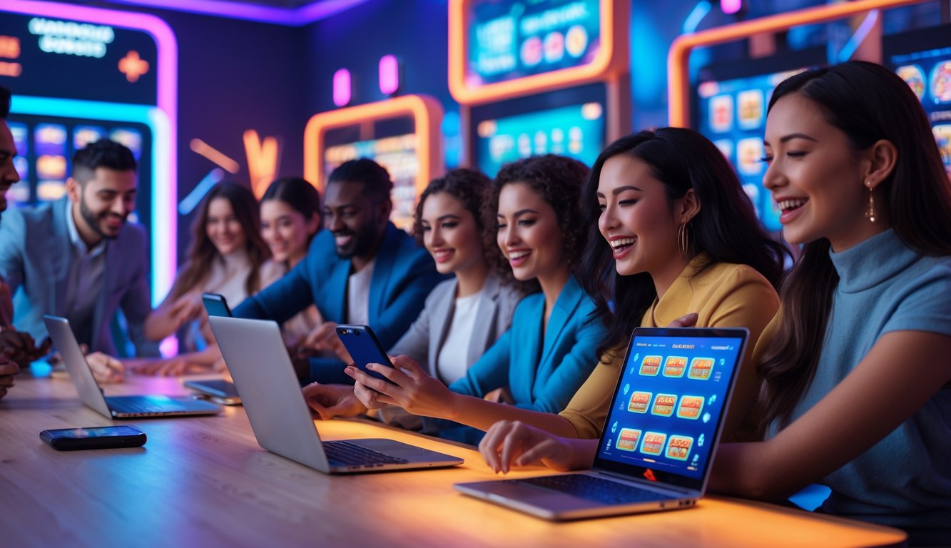 Sekelompok pemain yang antusias menggunakan laptop dan ponsel untuk bermain mesin slot online di ruangan modern dengan pencahayaan cerah dan elemen teknologi futuristik.