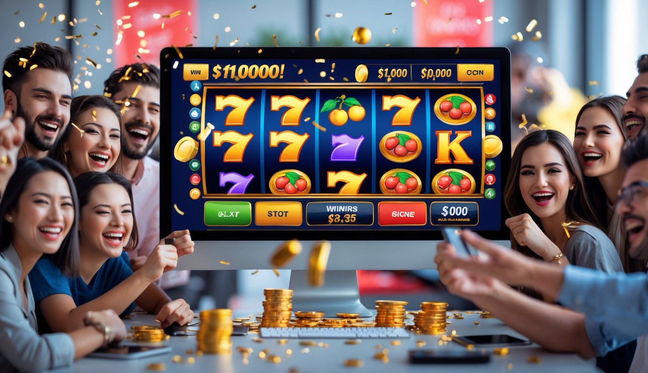 Beberapa orang muda tersenyum dan merayakan kemenangan di depan layar komputer yang menampilkan permainan slot online dengan simbol warna-warni dan dekorasi pesta.