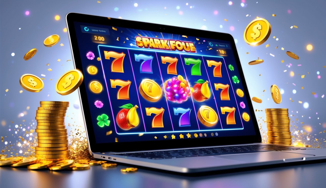Layar laptop menampilkan permainan slot online dengan simbol berwarna cerah dan koin emas di sekitarnya.