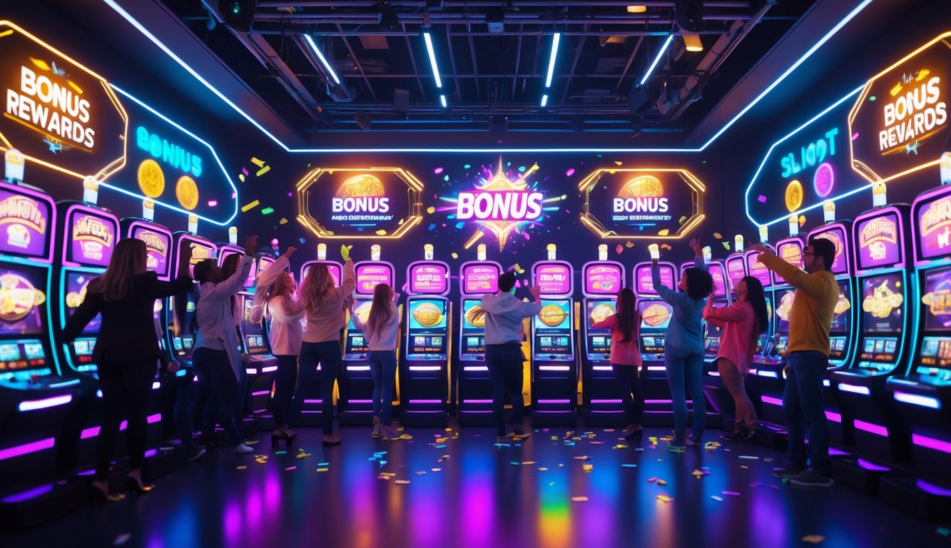 Sekelompok orang antusias bermain mesin slot digital dengan layar berwarna cerah dan efek bonus di ruangan modern yang terang.