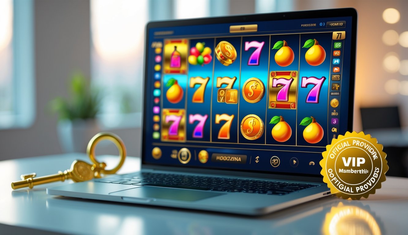 Seorang laptop di atas meja menampilkan permainan slot online dengan simbol warna-warni, dikelilingi oleh elemen yang menunjukkan penawaran eksklusif dan kepercayaan dari penyedia terbaik.