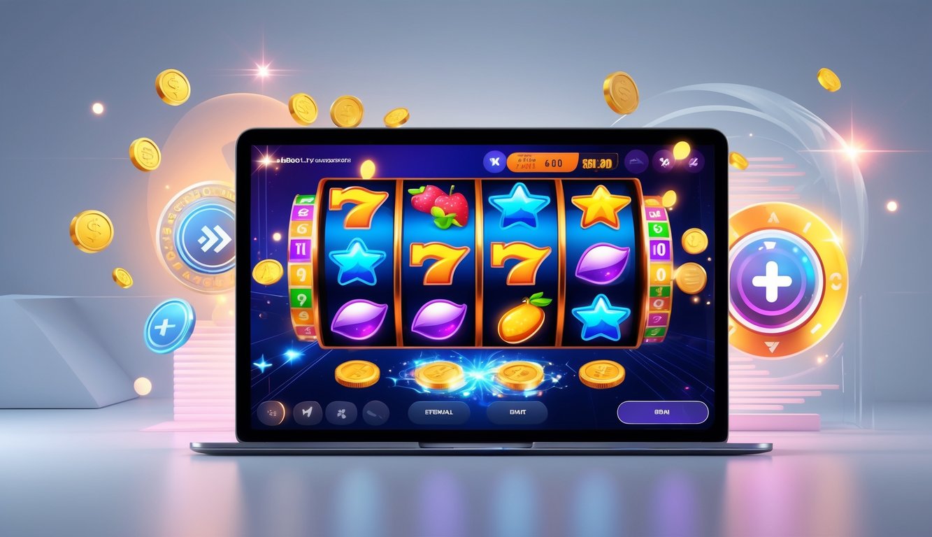 Tampilan layar perangkat dengan mesin slot digital berwarna cerah dan efek cahaya yang menonjol, menunjukkan suasana permainan slot online dengan bonus baru.