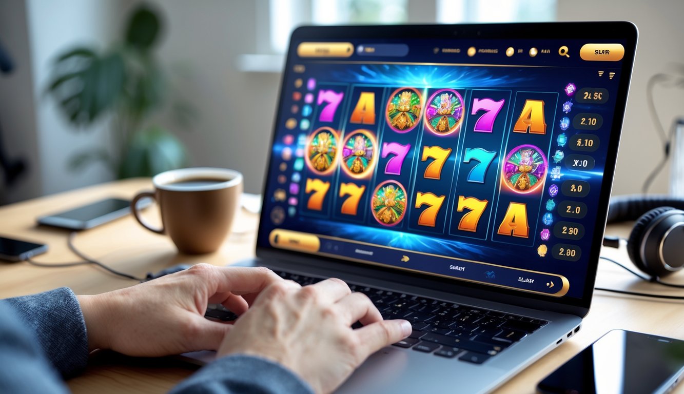 Layar laptop menampilkan permainan slot online dengan gulungan berwarna-warni di meja kerja modern.
