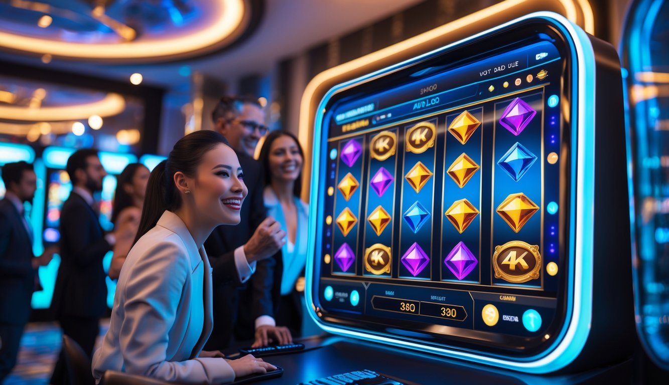 Orang-orang bermain mesin slot digital modern di sebuah lounge mewah dengan lampu ambient dan layar berwarna cerah.