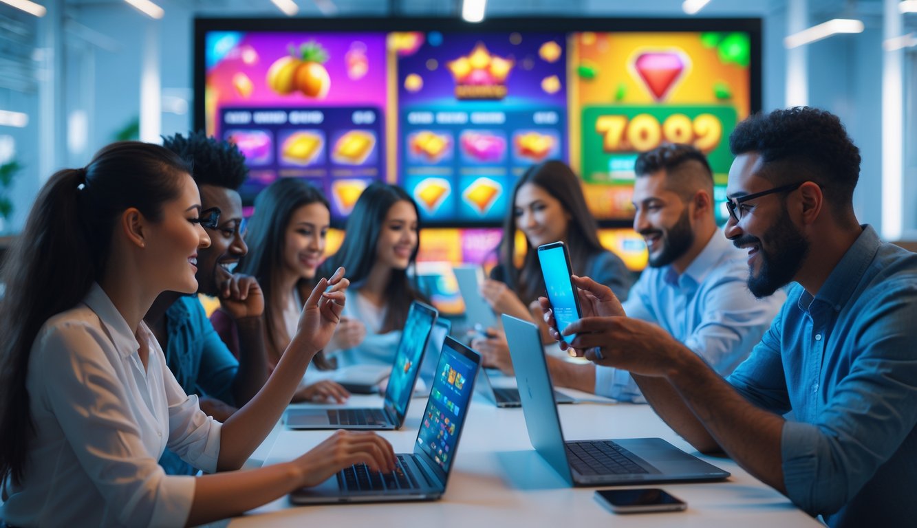 Orang-orang menggunakan perangkat digital di ruang modern dengan grafik permainan slot yang berwarna-warni di layar.