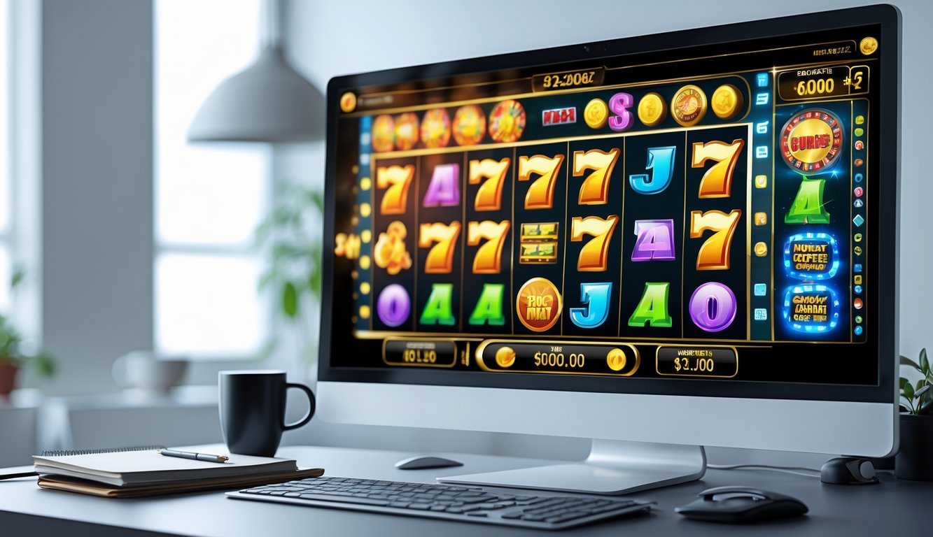 Sebuah meja kerja dengan komputer menampilkan permainan slot online dengan simbol-simbol warna-warni yang sedang berputar.