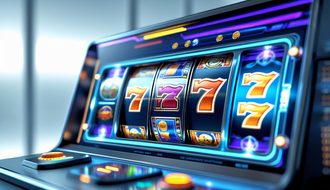 Tampilan mesin slot online modern dengan grafik warna-warni dan elemen mekanik canggih di layar digital.