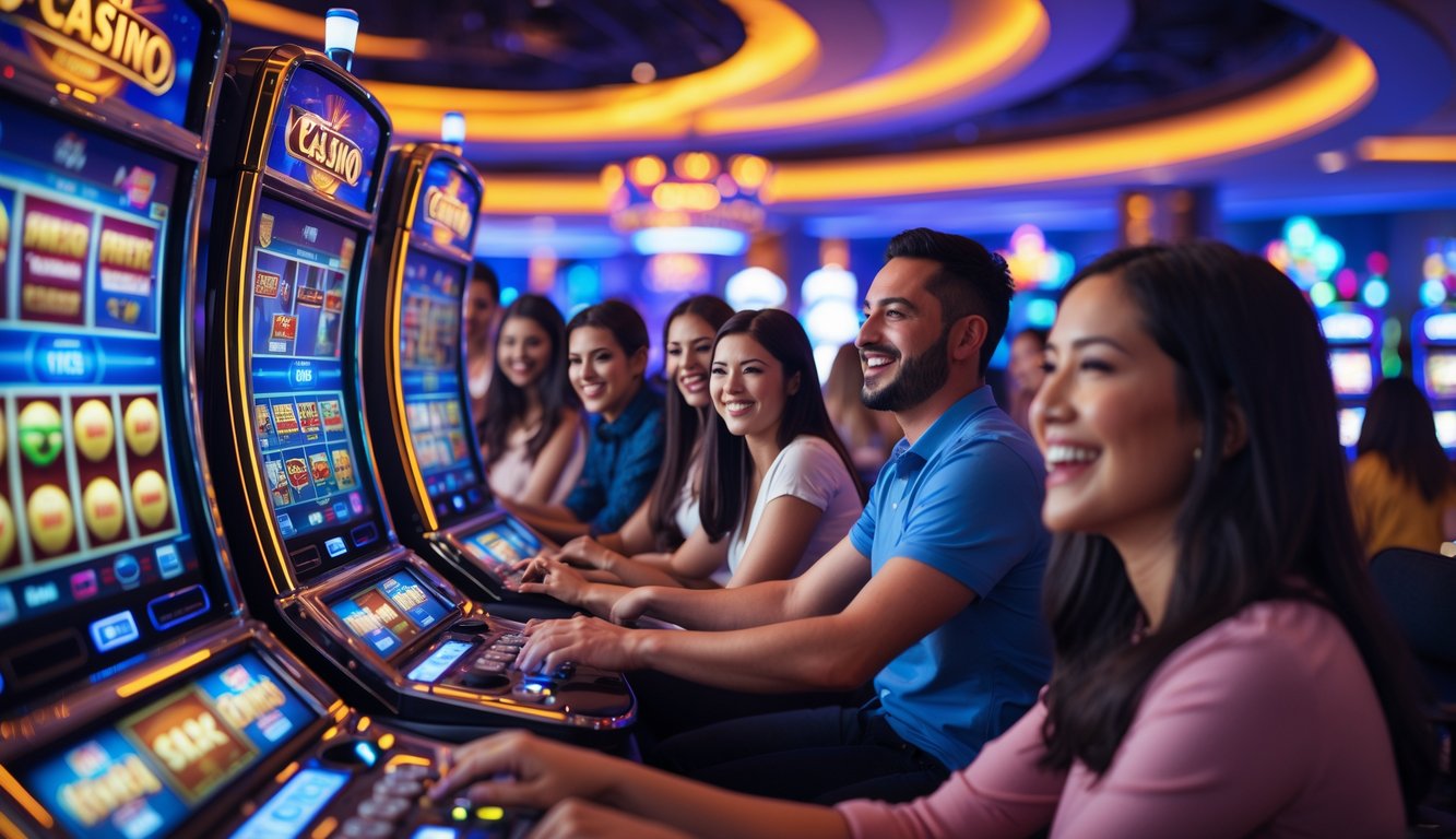 Sejumlah pemain sedang menikmati permainan slot online di sebuah ruang kasino modern dengan layar digital dan pencahayaan berwarna-warni.