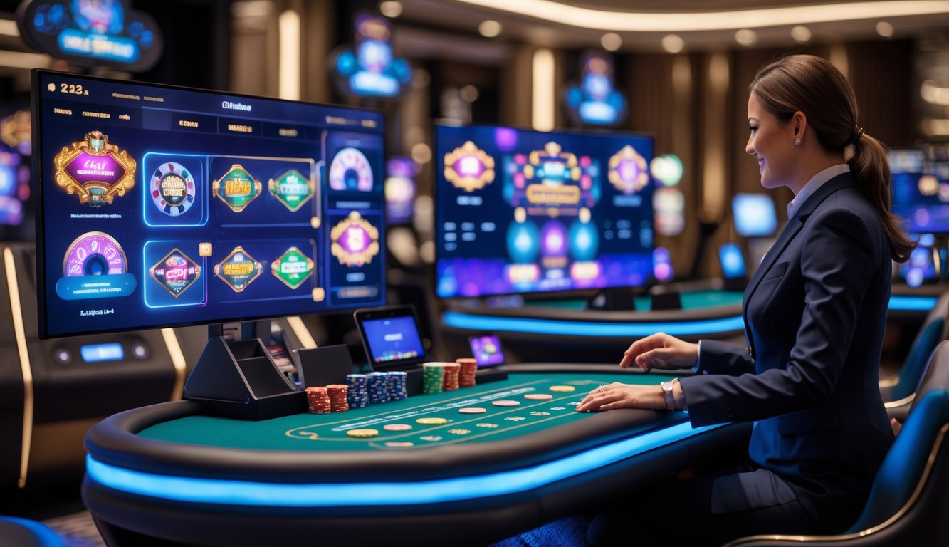 Suasana meja kasino langsung dengan dealer dan layar permainan online yang menampilkan permainan kasino secara real-time.