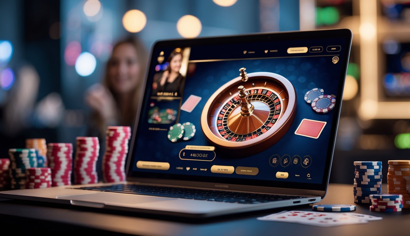 Seorang dealer kasino langsung sedang membagikan kartu di layar komputer dalam suasana kasino online yang modern dan menarik.