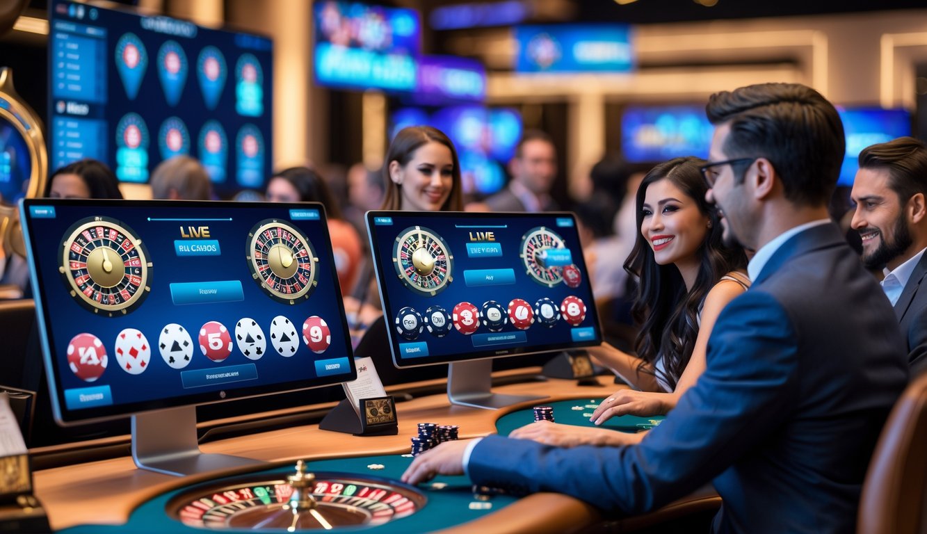 Suasana kasino online dengan beberapa meja permainan digital yang ditampilkan di layar komputer dan perangkat mobile, menampilkan pemain yang sedang bermain bersama dealer langsung.