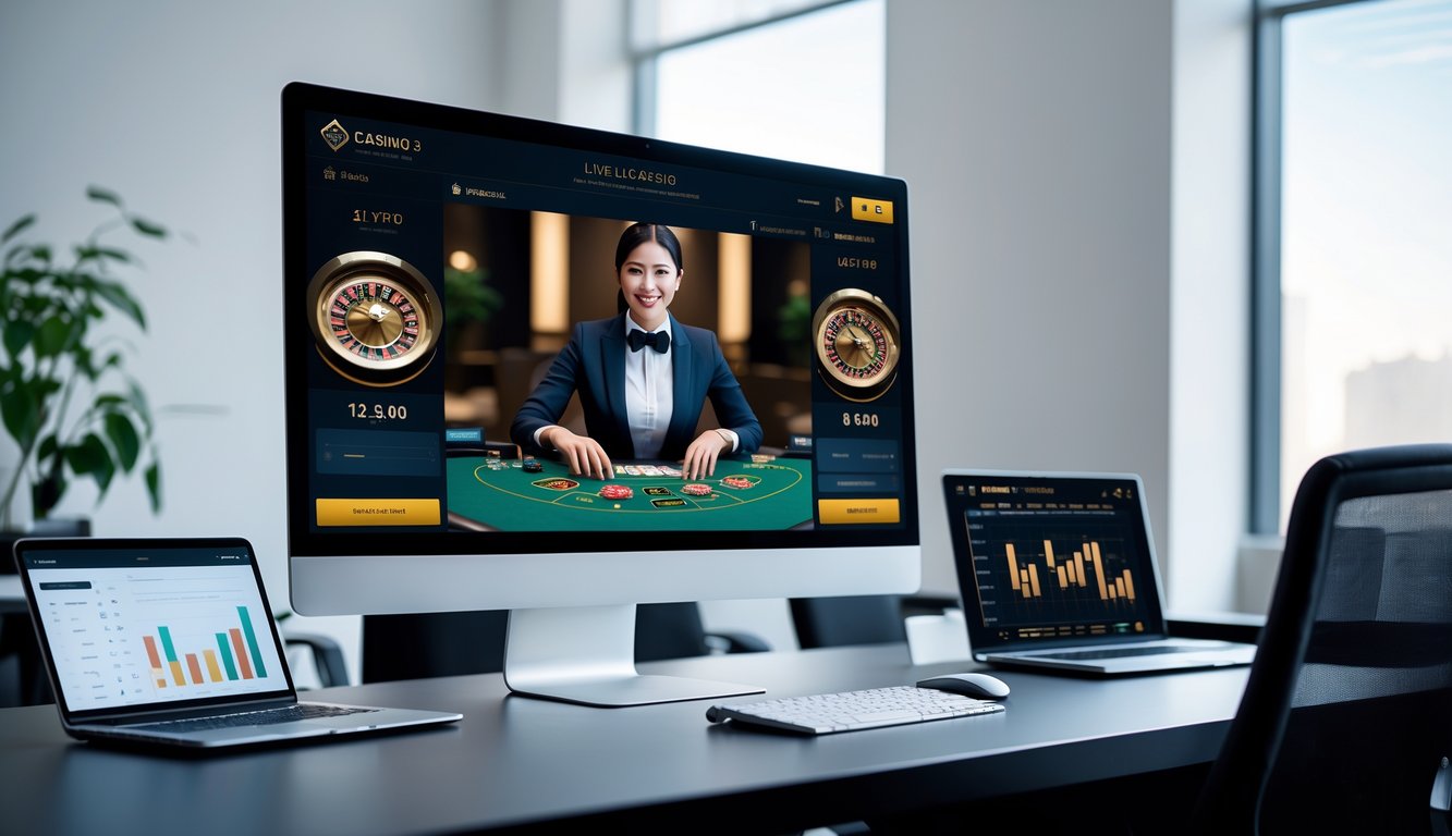 Seorang dealer profesional sedang memandu permainan kasino langsung di layar komputer di ruang kantor yang rapi dan terang.