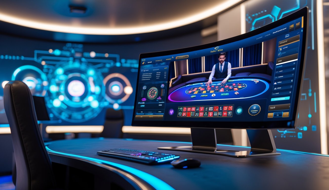 Tampilan antarmuka permainan kasino langsung online dengan dealer nyata dan elemen teknologi modern di latar belakang.