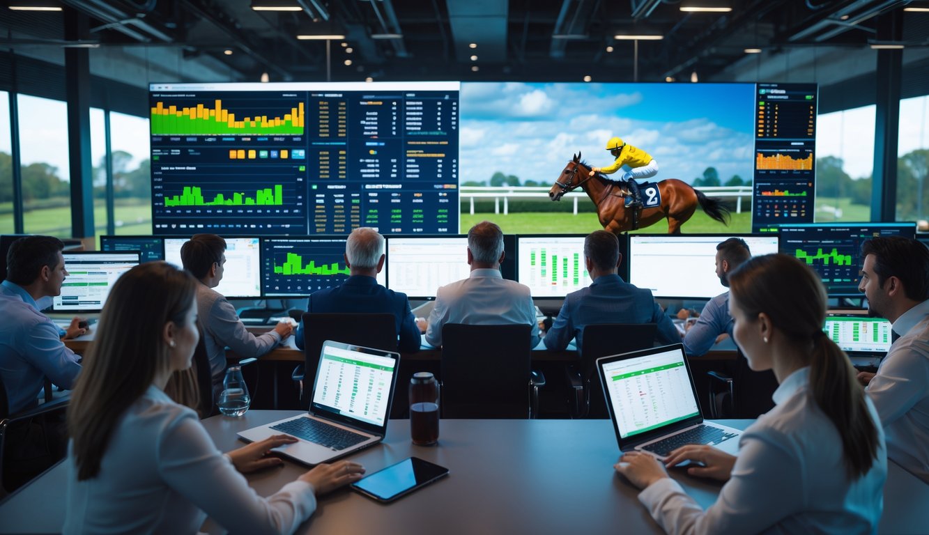 Beberapa orang menggunakan perangkat digital untuk mengikuti dan bertaruh pada pacuan kuda secara online dengan data real-time di layar besar.