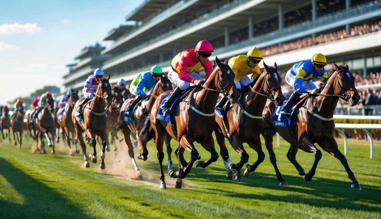 Beberapa kuda pacu dengan joki sedang berlari cepat di lintasan balap kuda dengan penonton di latar belakang.