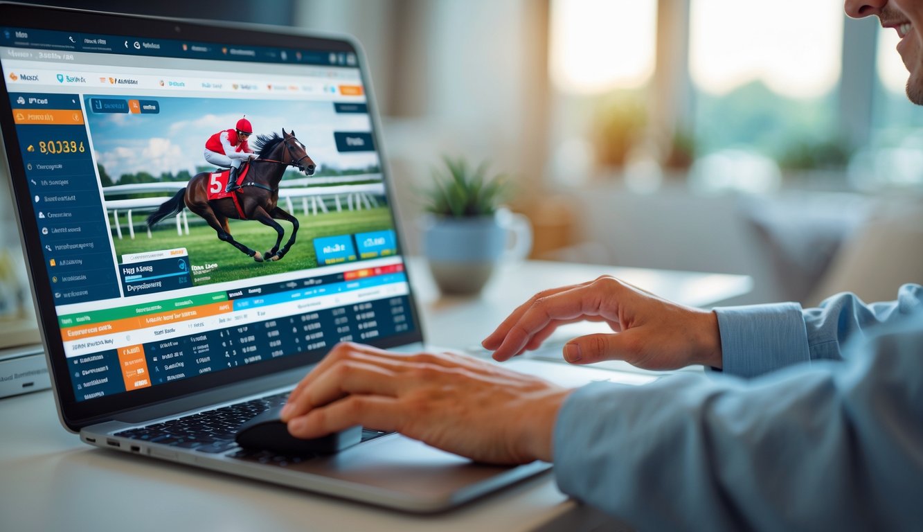 Seseorang menggunakan komputer untuk mengikuti balap kuda online dengan layar menampilkan grafik balapan dan data taruhan.
