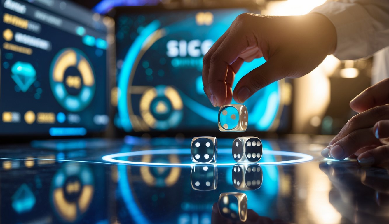 Tangan sedang mengocok dadu transparan di atas meja kaca dengan latar belakang antarmuka permainan Sicbo online yang modern dan futuristik.