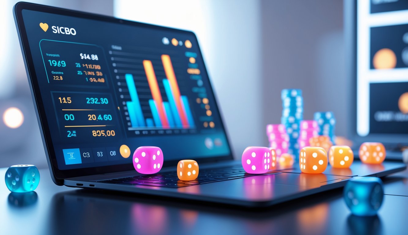 Layar komputer menampilkan statistik dadu untuk permainan Sicbo online dengan dadu digital di sekitarnya dalam suasana permainan yang modern.