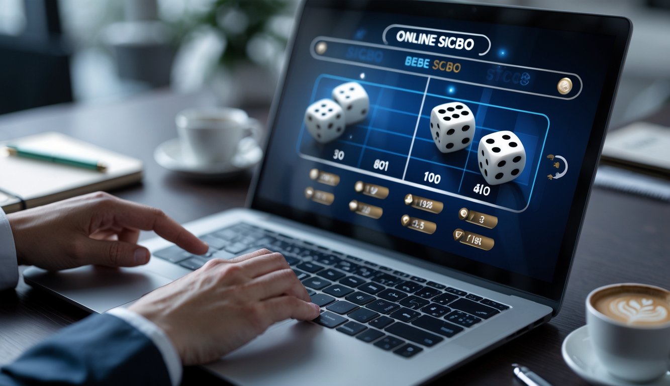 Seseorang menggunakan laptop untuk bermain permainan Sicbo online dengan tampilan dadu dan opsi taruhan di layar.