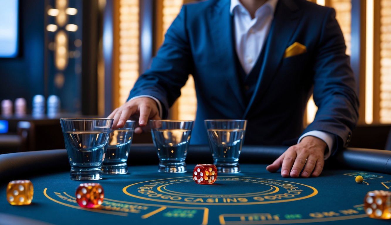 Meja permainan Sicbo dengan dealer profesional sedang mengawasi dadu di meja permainan.