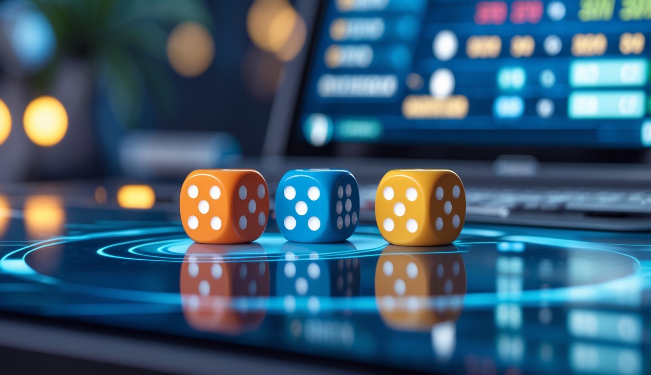 Tampilan permainan dadu Sicbo online dengan tiga dadu berwarna di atas meja permainan digital.