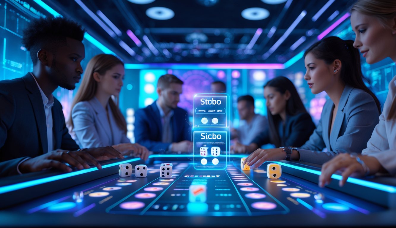 Orang-orang bermain Sicbo online dengan antarmuka digital futuristik dan meja sentuh besar dalam suasana teknologi canggih.