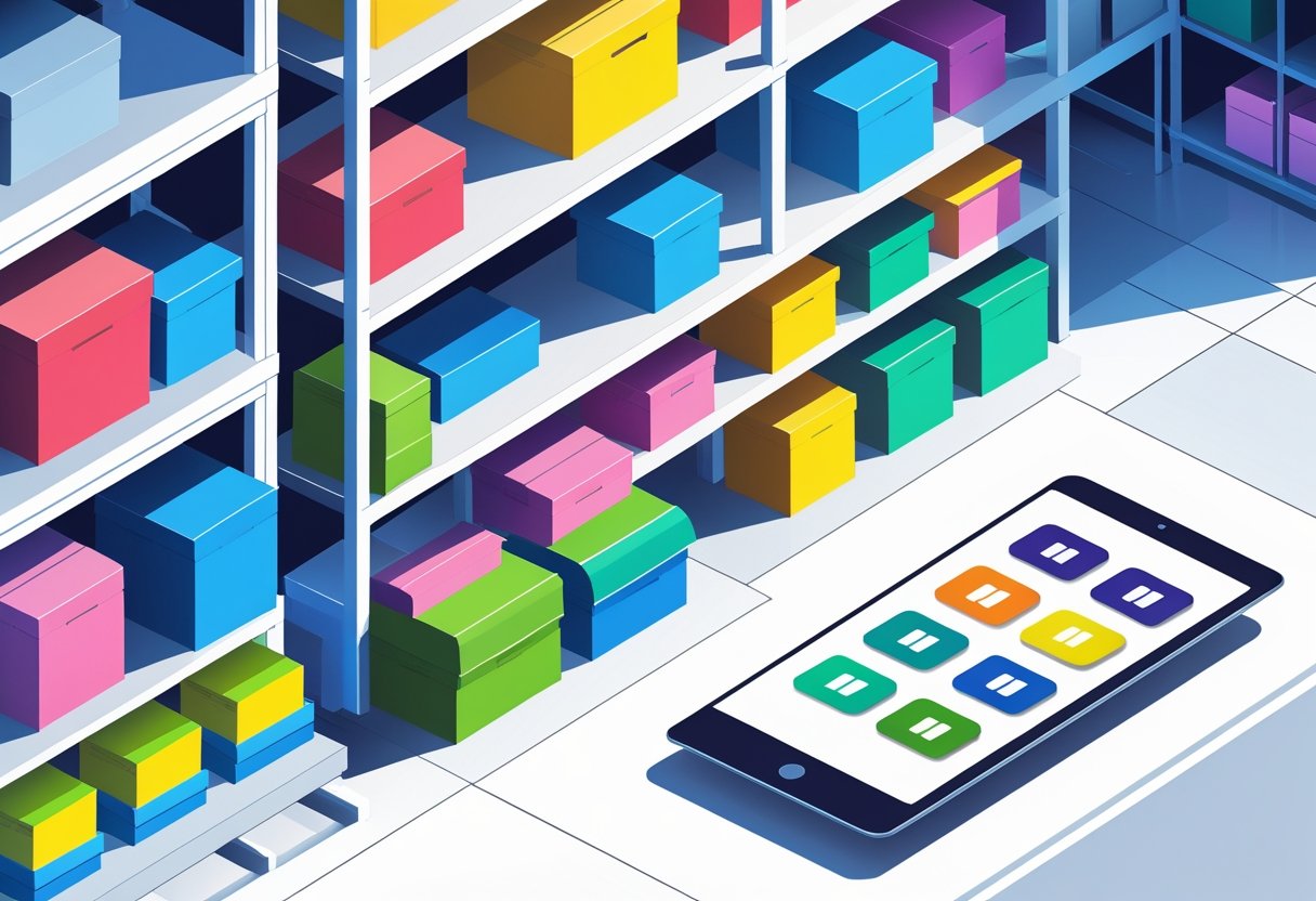 Ilustração mostrando um depósito organizado com prateleiras contendo caixas de diferentes cores e tamanhos, e uma tela digital exibindo categorias de tamanho e cor.