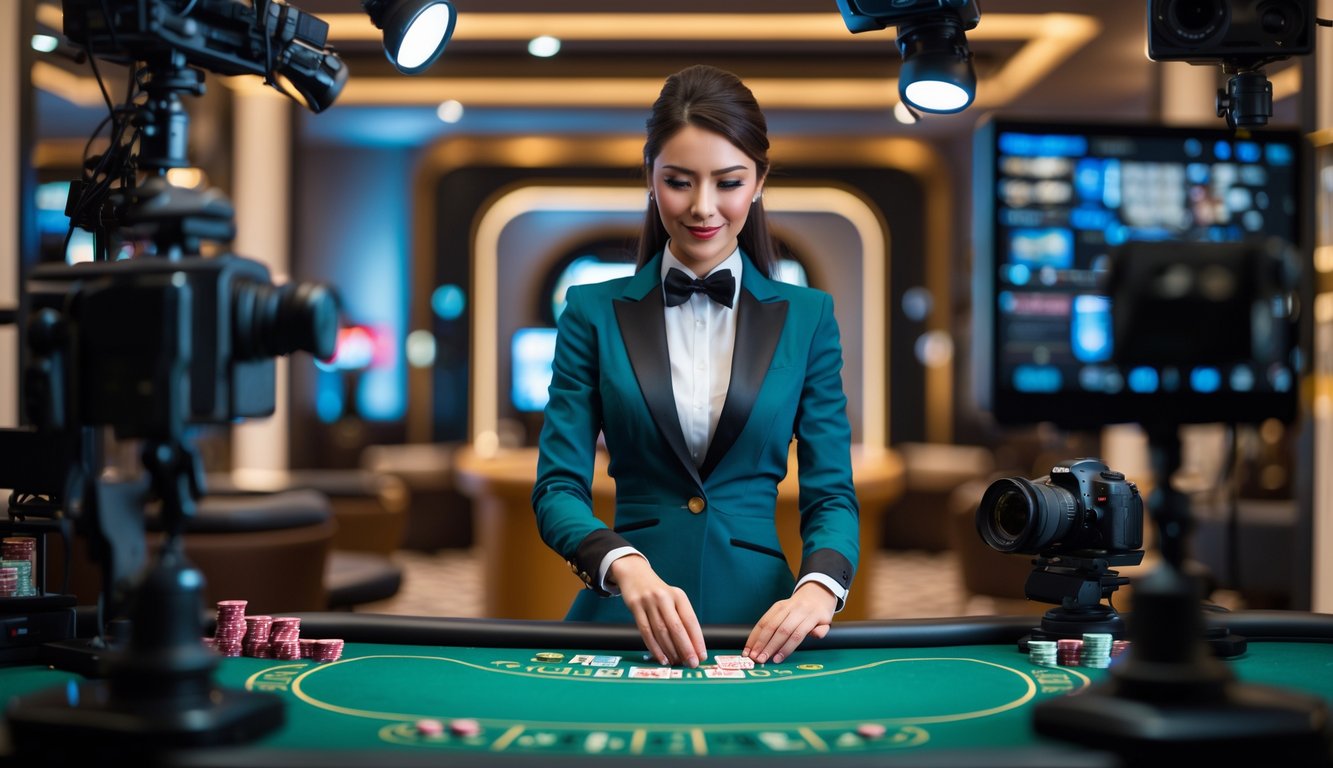 Seorang dealer profesional sedang membagikan kartu di meja kasino dengan peralatan streaming dan pencahayaan yang jelas.