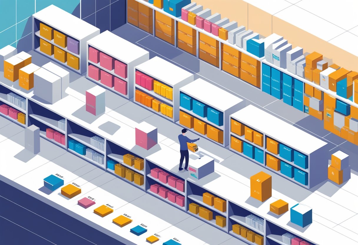Ilustração de um armazém organizado com prateleiras contendo caixas de diferentes tamanhos e cores, mostrando a padronização de SKUs por tamanho e cor.