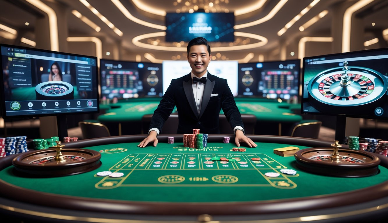 Meja kasino langsung dengan dealer profesional dan peralatan permainan di lingkungan kasino online modern.