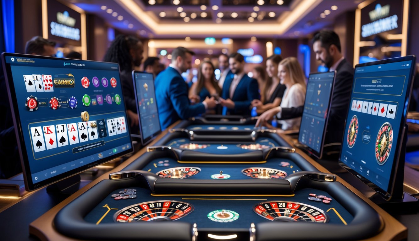 Orang-orang sedang bermain permainan kasino langsung di meja kasino online dengan komputer dan ponsel.