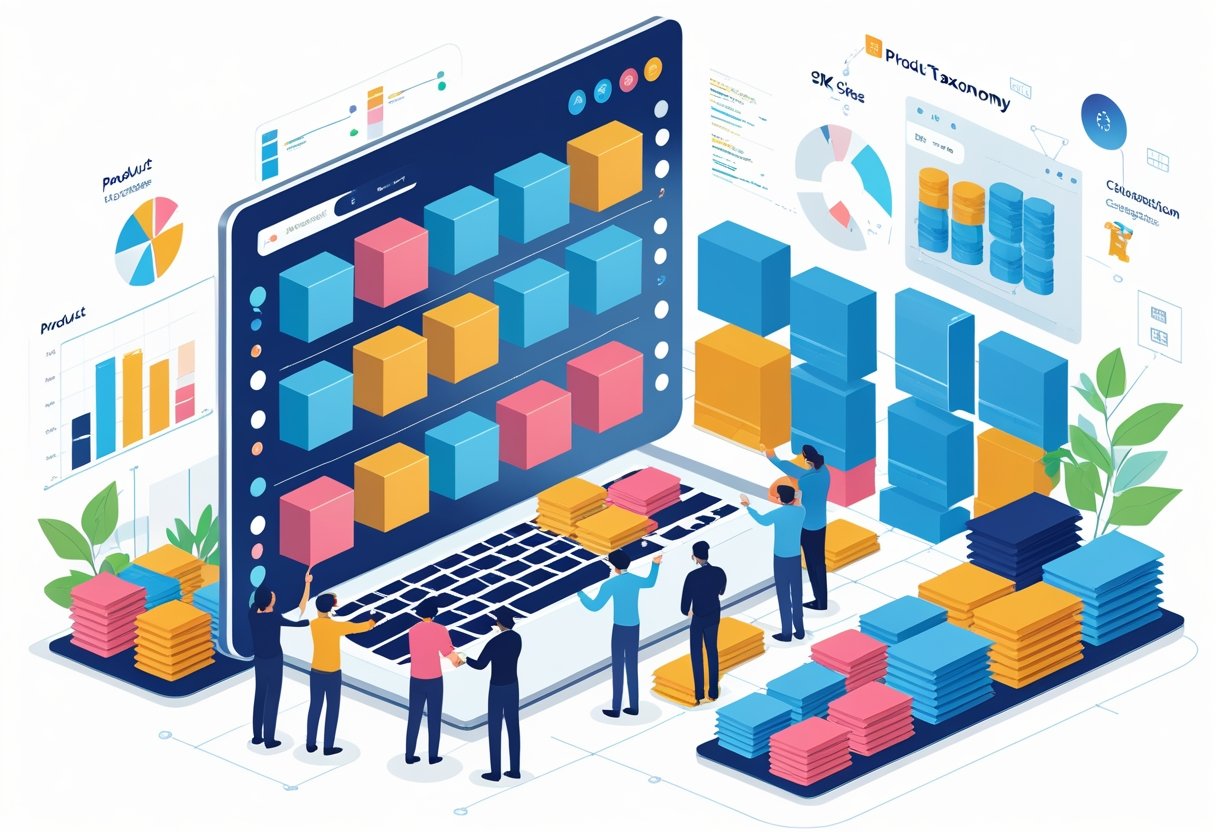 Ilustração mostrando pessoas em um escritório organizando caixas de produtos de diferentes tamanhos e cores em uma tela digital, com prateleiras ao fundo contendo amostras organizadas.