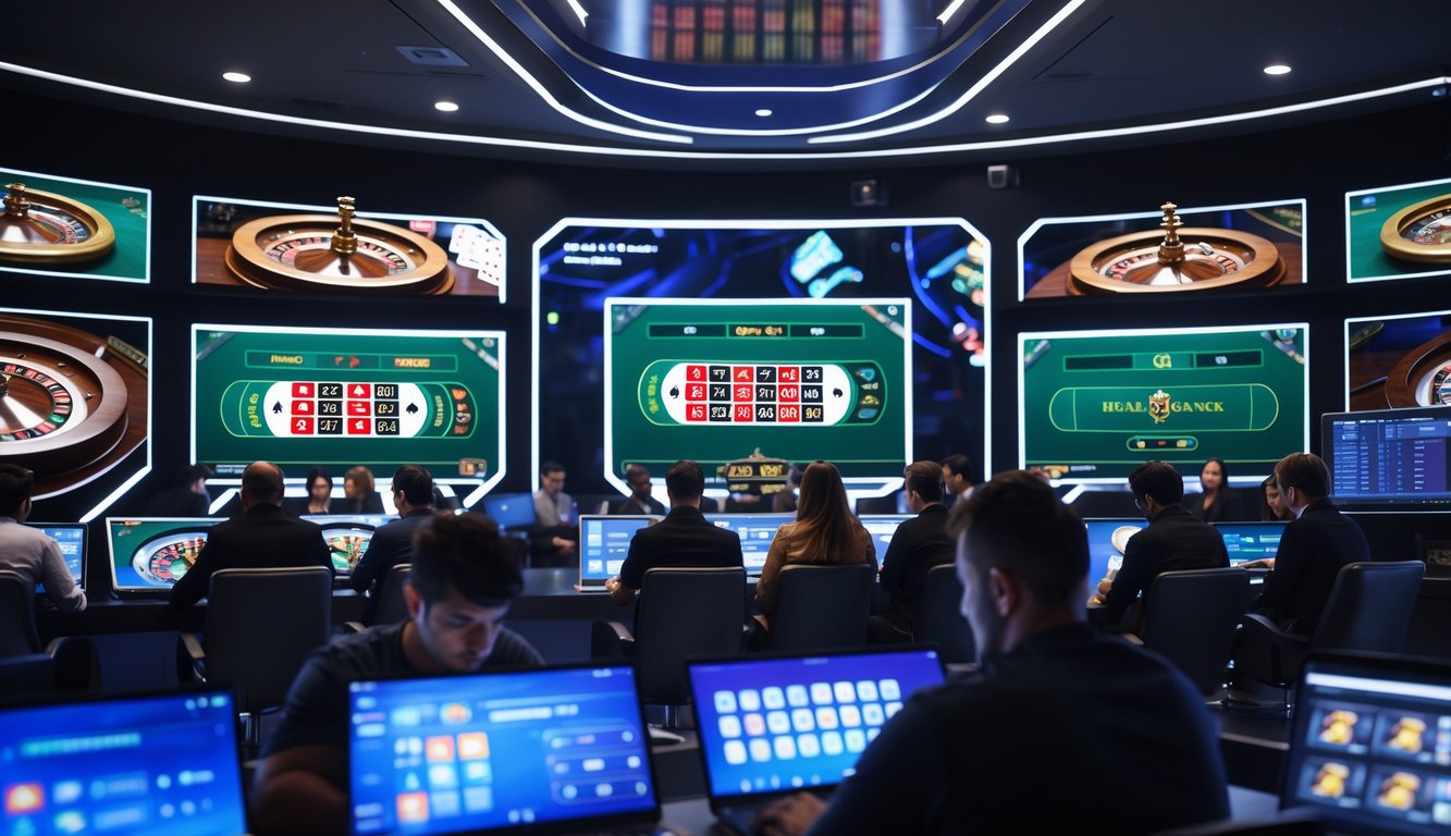 Orang-orang bermain permainan kasino online secara real-time dengan layar besar dan perangkat digital di lingkungan modern.