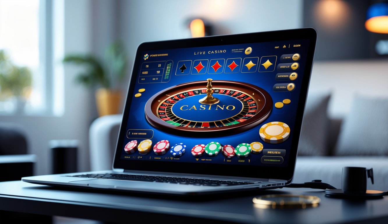 Seseorang menggunakan komputer dengan tampilan permainan kasino online yang modern dan penuh warna.