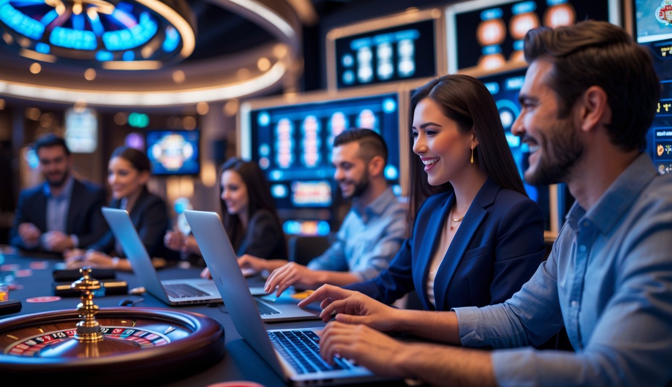 Orang-orang sedang bermain game kasino langsung secara online menggunakan laptop dan ponsel di lingkungan yang modern dan ramai.
