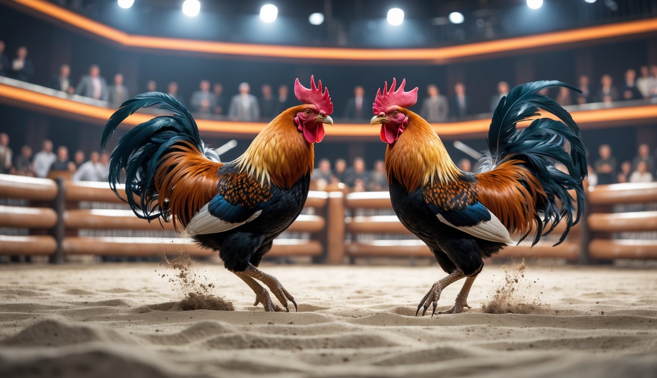 Dua ayam jago sedang bertarung di arena dengan penonton di latar belakang.