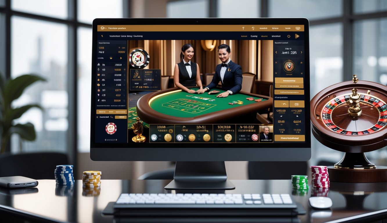 Seorang dealer kasino langsung sedang berinteraksi dengan pemain melalui layar komputer dan ponsel di meja kerja yang rapi.