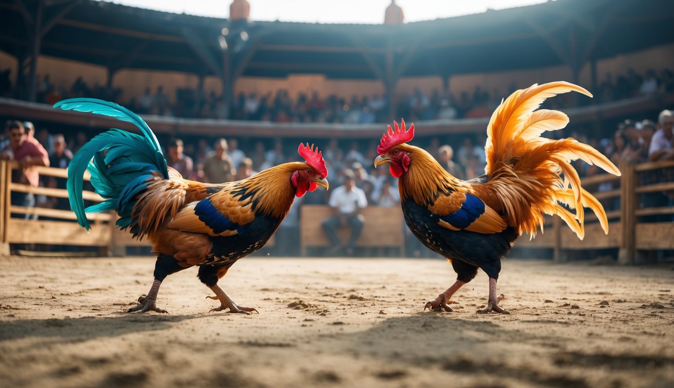 Dua ayam jago sedang bertarung di arena dengan penonton yang fokus menyaksikan di latar belakang.