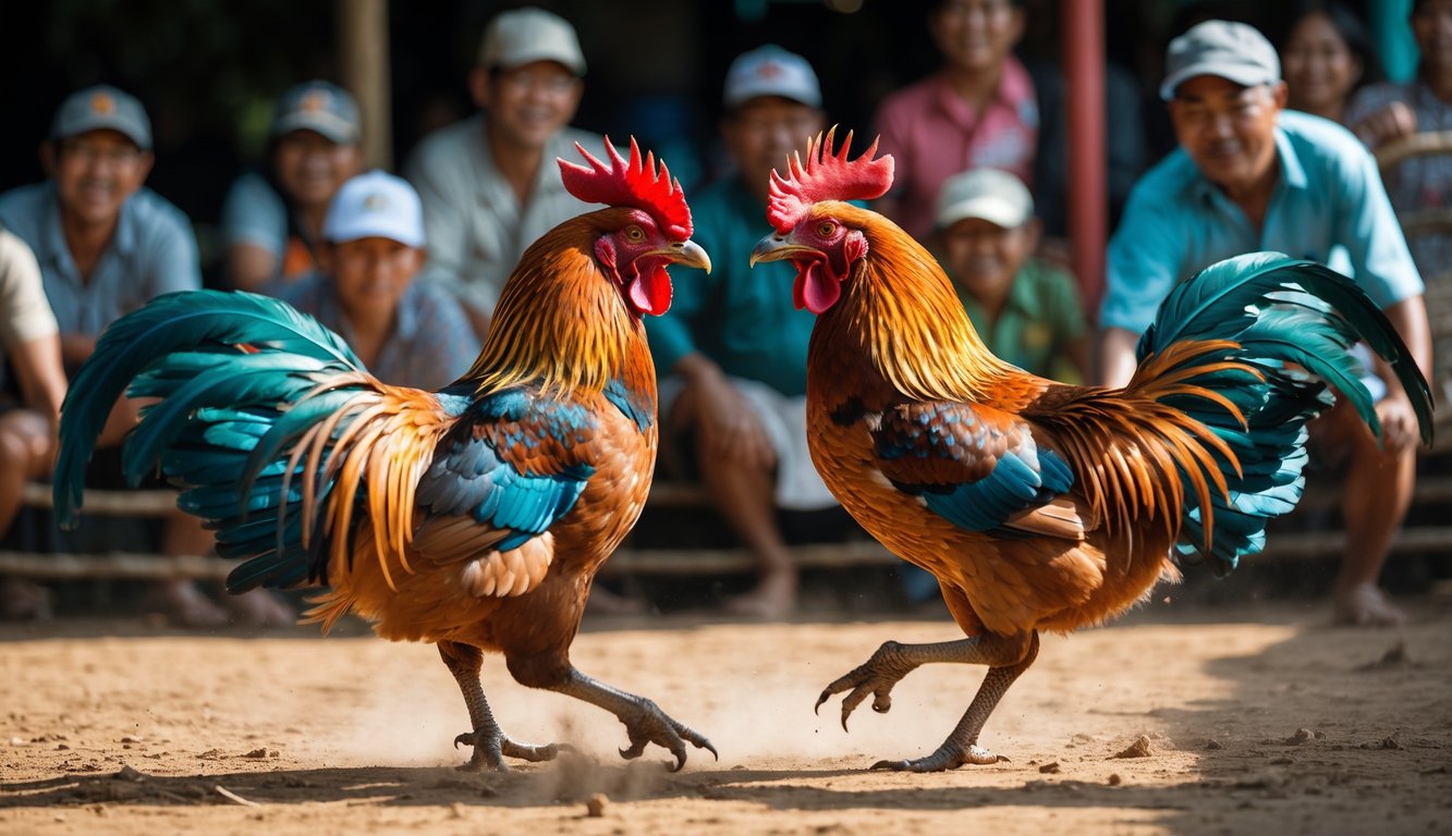 Dua ayam jago sedang bertarung di arena dengan penonton yang antusias di sekitarnya.