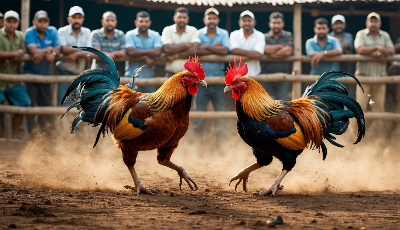 Dua ayam aduan sedang bertarung di arena dengan penonton serius mengamati dari sekitar.