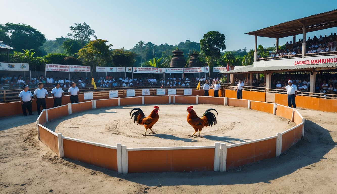 Arena pertarungan sabung ayam resmi dengan dua ayam aduan di tengah dan penonton di tribun sekitar.