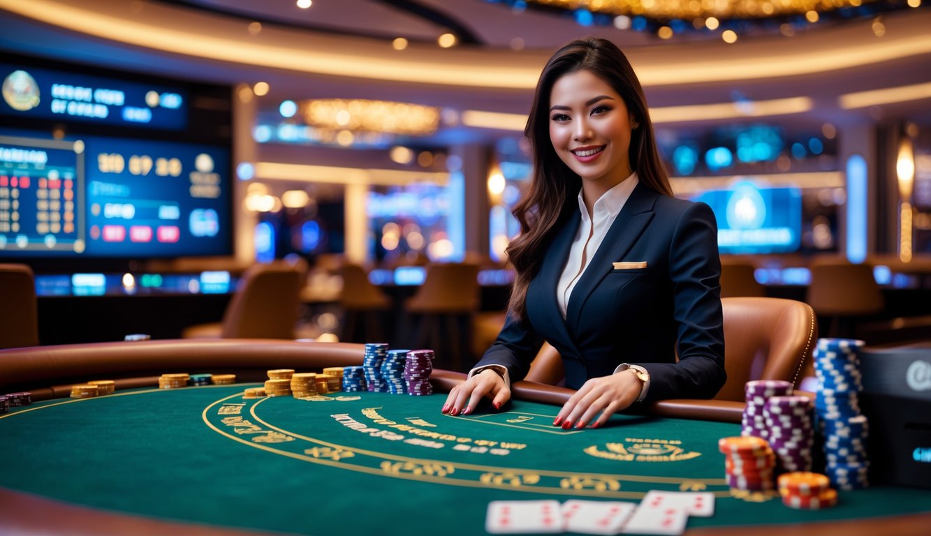 Seorang dealer wanita tersenyum di meja kasino langsung yang mewah dengan chip dan kartu bermain di sekitarnya.