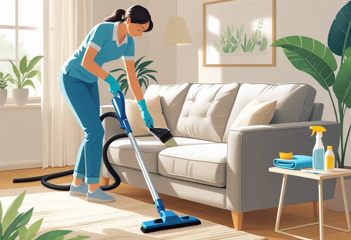 Pessoa limpando cuidadosamente um sofá de tecido em uma sala de estar com luz natural, com produtos de limpeza ao lado.