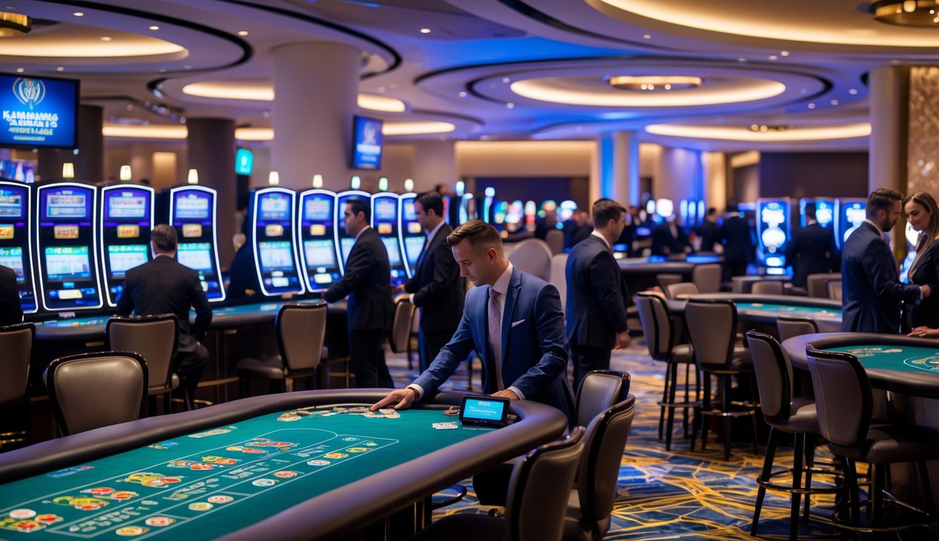 Suasana kasino langsung modern dengan pemain dan dealer yang fokus bermain di meja permainan dan mesin slot elektronik.