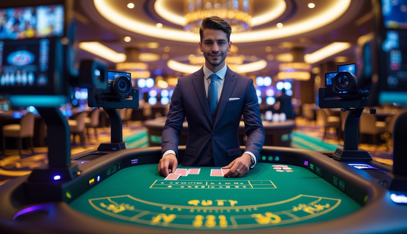Seorang dealer profesional sedang membagikan kartu di meja kasino dengan latar belakang interior kasino yang mewah dan kamera streaming mengelilinginya.