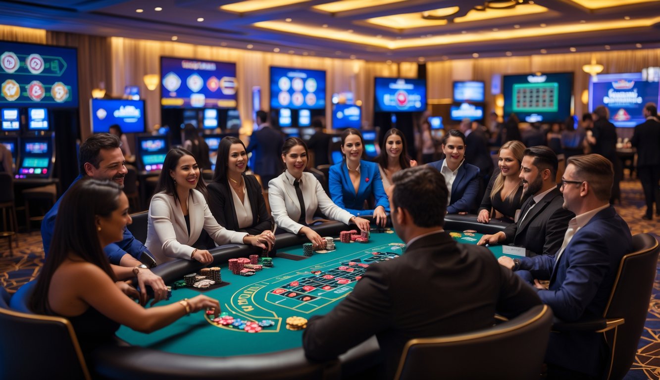 Suasana kasino langsung dengan pemain dan dealer yang sedang bermain di meja permainan populer.