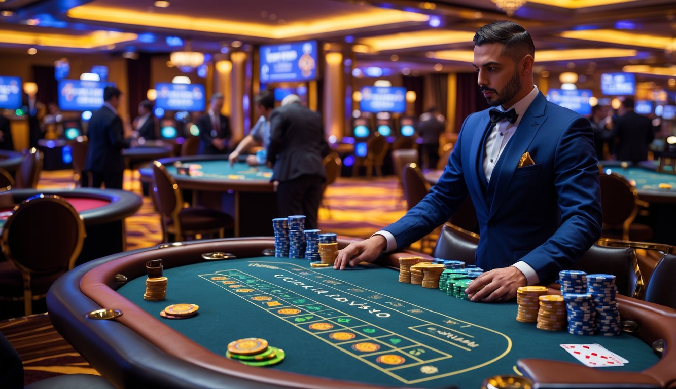 Suasana meja kasino langsung dengan dealer profesional dan pemain yang sedang bermain di meja lengkap.