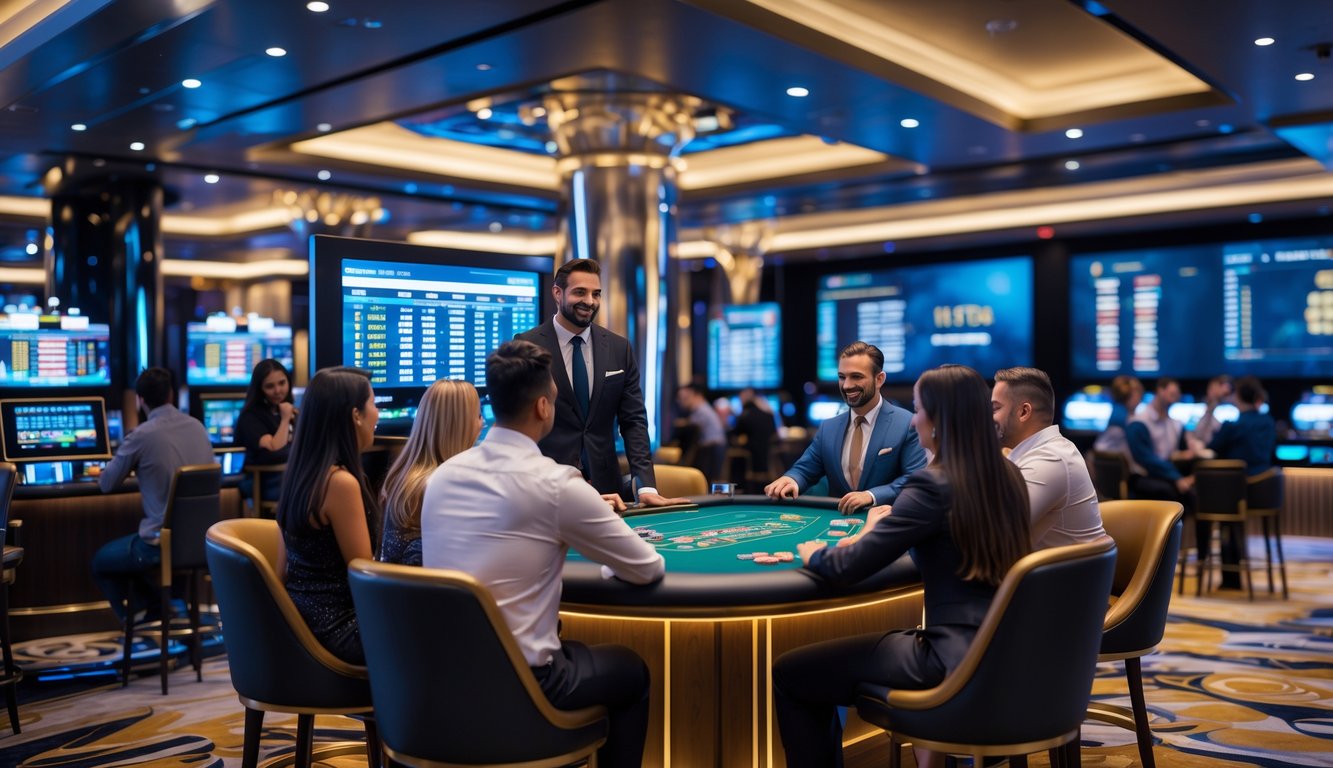 Suasana kasino langsung modern dengan pemain dan dealer yang berinteraksi di meja permainan, dilengkapi layar digital yang menampilkan data permainan secara real-time.