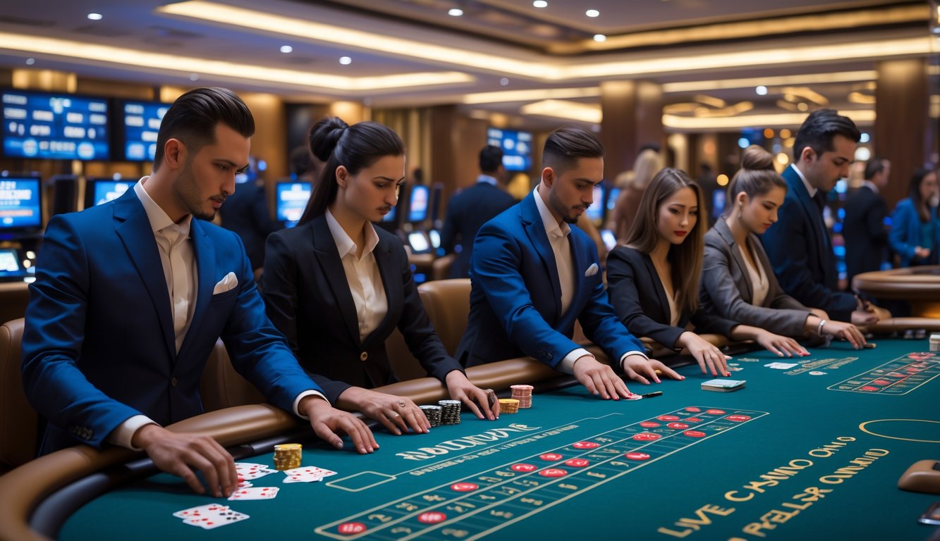 Suasana kasino langsung dengan meja dealer profesional dan pemain serius yang fokus bermain.